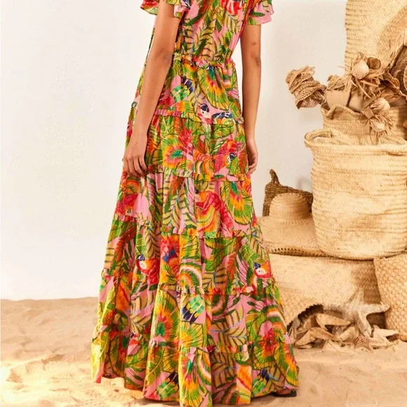 FARM Rio Green and Orange Resort Maxi Dress with Ruffled Tiers - Picture 3 of 5